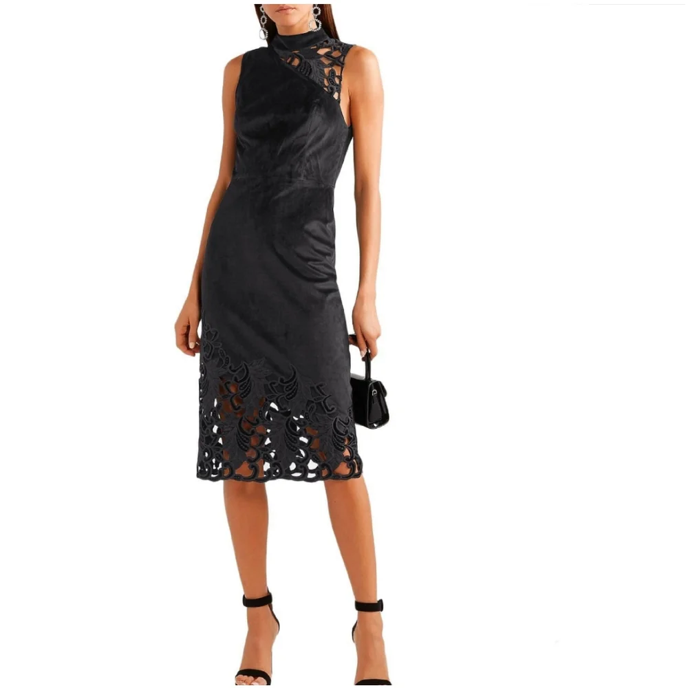 Alice + Olivia Embroidered Lace Velour Dress Size 4 Black - Picture 2 of 10